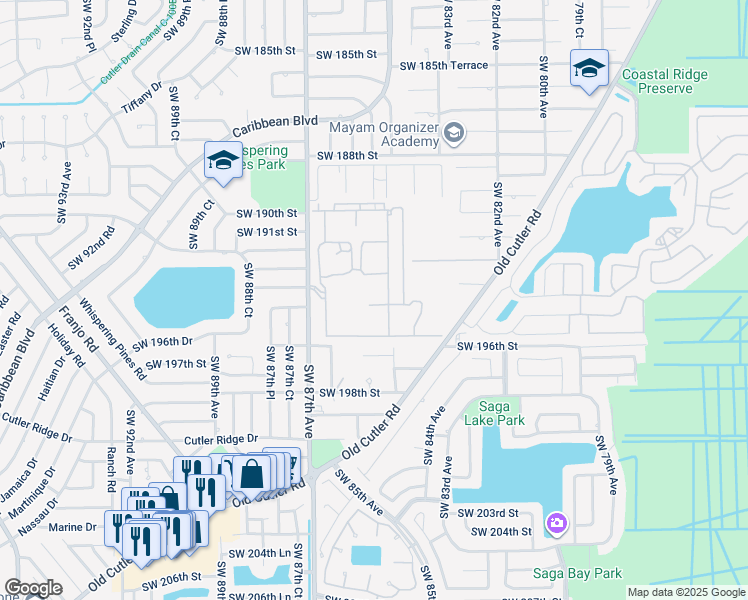 map of restaurants, bars, coffee shops, grocery stores, and more near 8366 Southwest 193rd Street in Miami