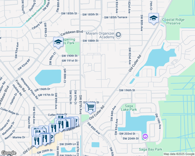 map of restaurants, bars, coffee shops, grocery stores, and more near 8366 Southwest 193rd Street in Miami
