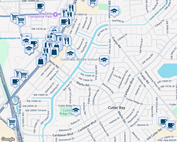 map of restaurants, bars, coffee shops, grocery stores, and more near 9850 Southwest 194th Street in Cutler Bay