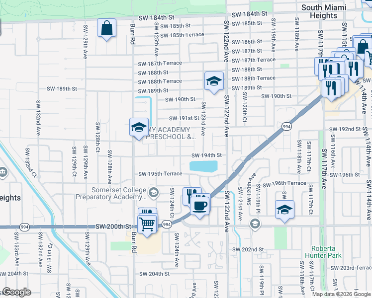 map of restaurants, bars, coffee shops, grocery stores, and more near 12360 Southwest 193rd Street in Miami