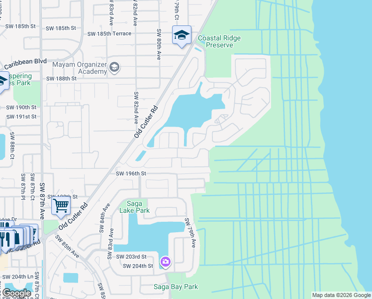 map of restaurants, bars, coffee shops, grocery stores, and more near 19386 Southwest 78th Place in Cutler Bay