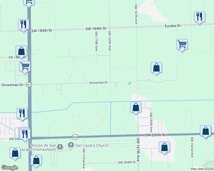 map of restaurants, bars, coffee shops, grocery stores, and more near 16925 Grossman Farm Road in Miami