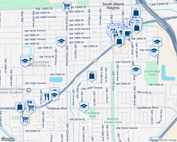 map of restaurants, bars, coffee shops, grocery stores, and more near 19323 Southwest 119th Court in Miami