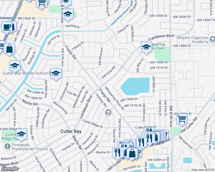 map of restaurants, bars, coffee shops, grocery stores, and more near 19431 Whispering Pines Road in Cutler Bay