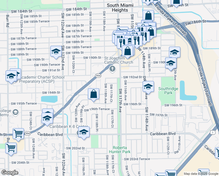 map of restaurants, bars, coffee shops, grocery stores, and more near 19320 Southwest 117th Court in Miami