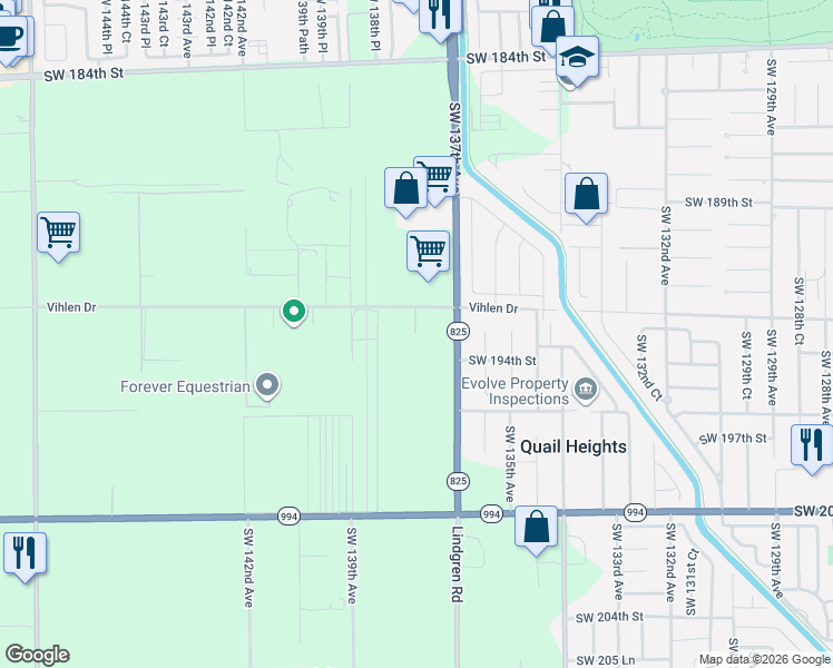 map of restaurants, bars, coffee shops, grocery stores, and more near 13770 Southwest 192nd Street in Miami