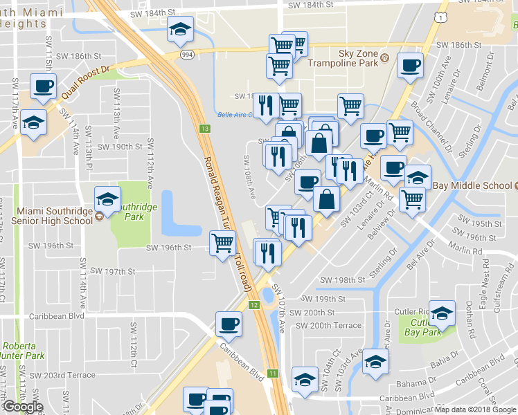 map of restaurants, bars, coffee shops, grocery stores, and more near 33186 Southwest 108th Avenue in Miami