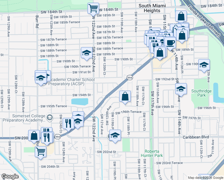map of restaurants, bars, coffee shops, grocery stores, and more near 19336 Southwest 119th Place in Miami