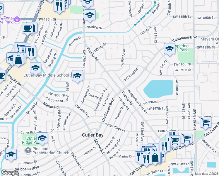 map of restaurants, bars, coffee shops, grocery stores, and more near 9400 Independence Road in Cutler Bay