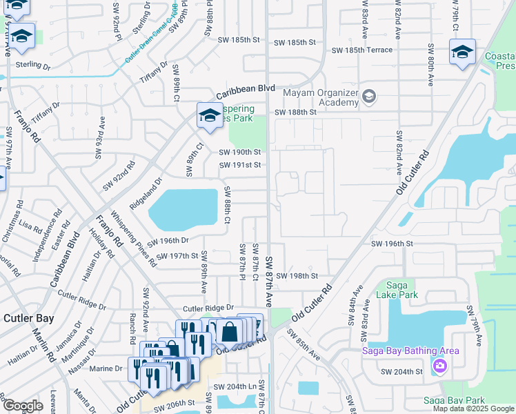 map of restaurants, bars, coffee shops, grocery stores, and more near 8710 Southwest 193rd Terrace in Cutler Bay