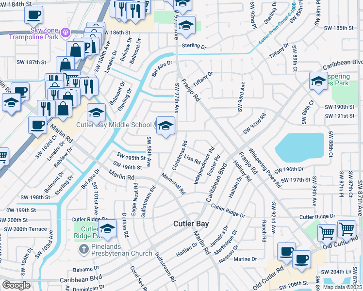 map of restaurants, bars, coffee shops, grocery stores, and more near 19320 Christmas Rd in Cutler Bay