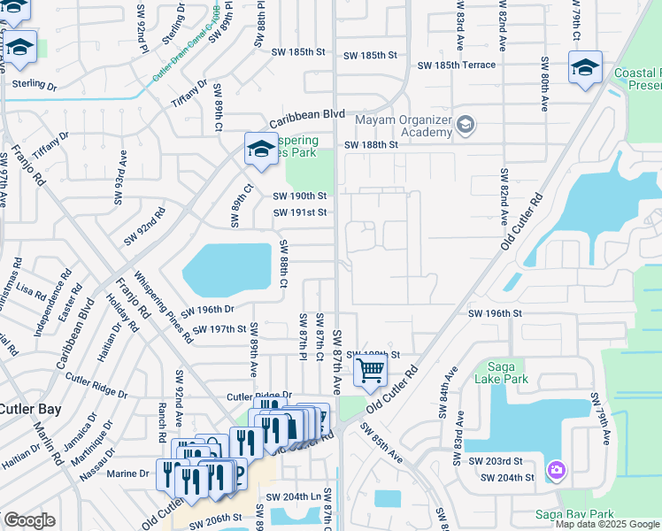 map of restaurants, bars, coffee shops, grocery stores, and more near 8710 Southwest 193rd Terrace in Cutler Bay