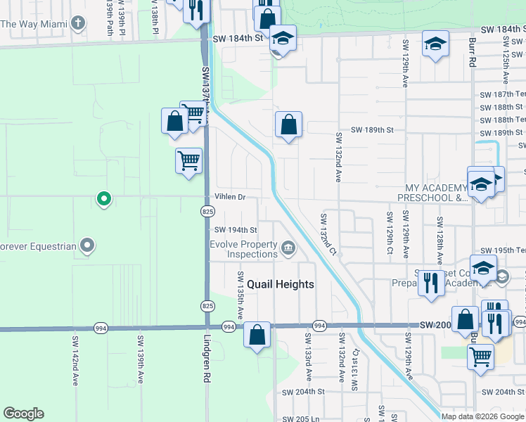 map of restaurants, bars, coffee shops, grocery stores, and more near 19250 Southwest 134th Court in Miami