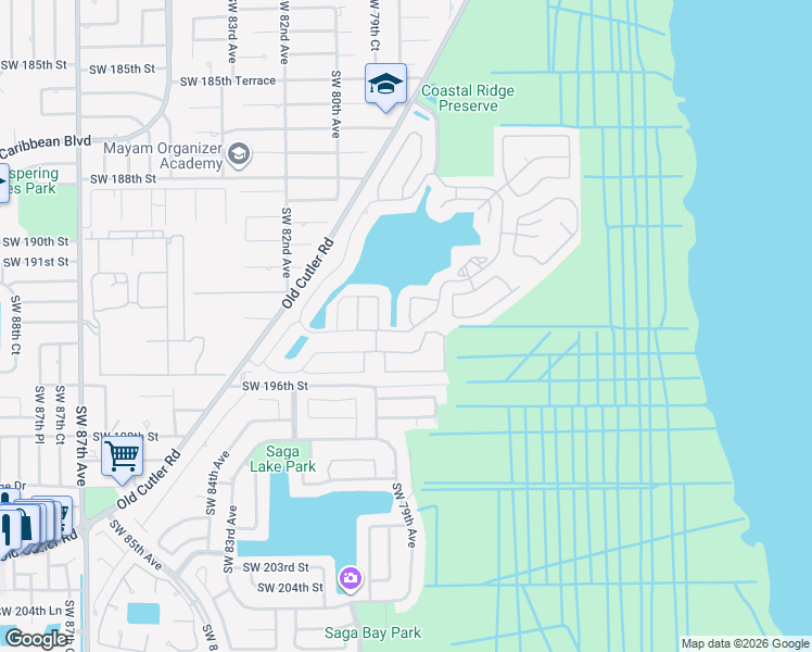 map of restaurants, bars, coffee shops, grocery stores, and more near 19386 Southwest 78th Place in Cutler Bay