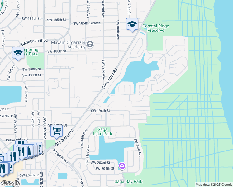 map of restaurants, bars, coffee shops, grocery stores, and more near 19388 Southwest 79th Place in Cutler Bay