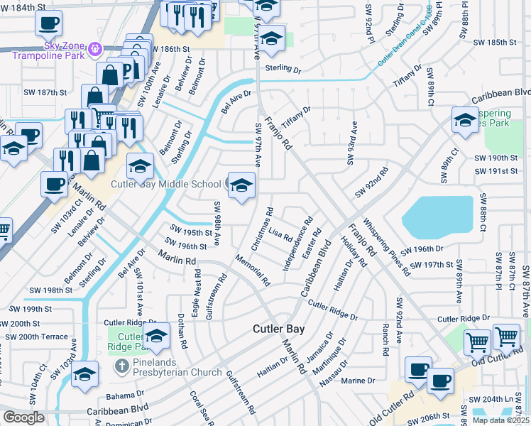map of restaurants, bars, coffee shops, grocery stores, and more near 19320 Christmas Road in Cutler Bay