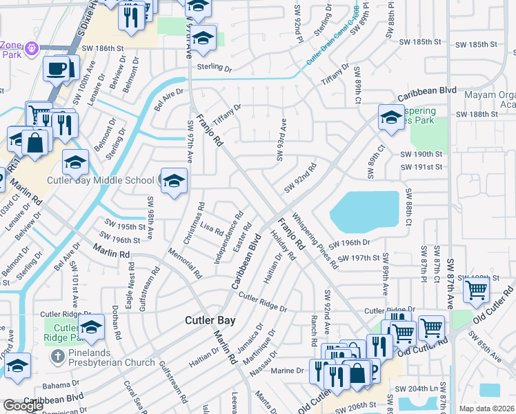 map of restaurants, bars, coffee shops, grocery stores, and more near 9400 Independence Road in Cutler Bay