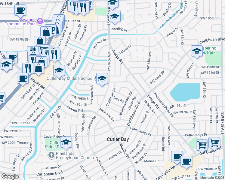 map of restaurants, bars, coffee shops, grocery stores, and more near 19320 Christmas Road in Cutler Bay