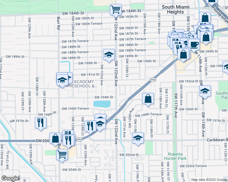map of restaurants, bars, coffee shops, grocery stores, and more near 12216 Southwest 193rd Street in Miami