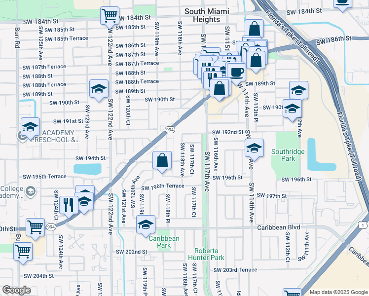 map of restaurants, bars, coffee shops, grocery stores, and more near 19320 Southwest 117th Court in Miami