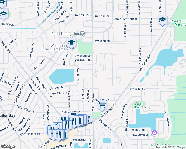 map of restaurants, bars, coffee shops, grocery stores, and more near 19351 Southwest 87th Avenue in Cutler Bay