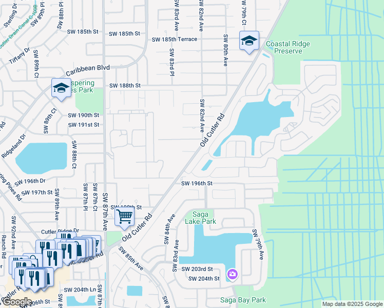 map of restaurants, bars, coffee shops, grocery stores, and more near 19500 Old Cutler Road in Cutler Bay