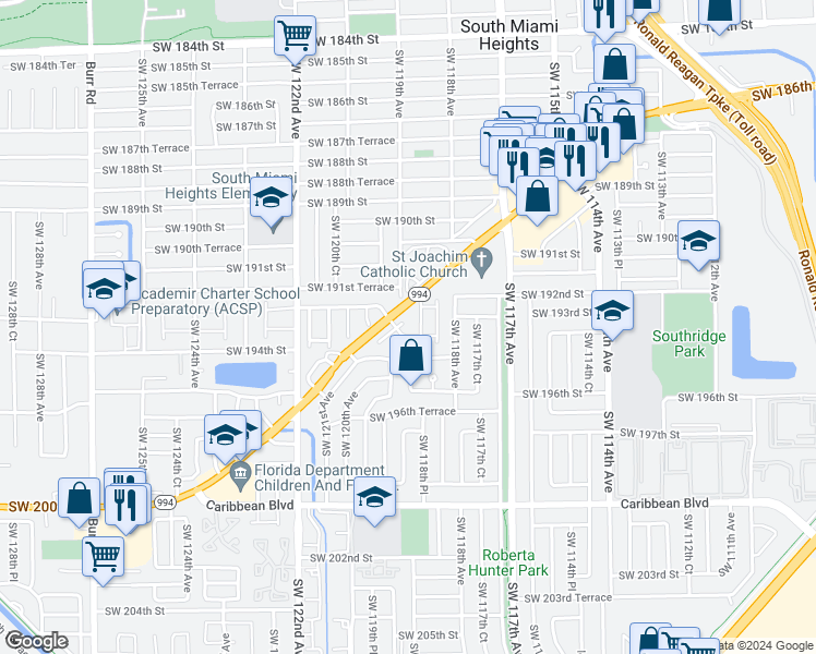 map of restaurants, bars, coffee shops, grocery stores, and more near 19263 Southwest 119th Court in Miami