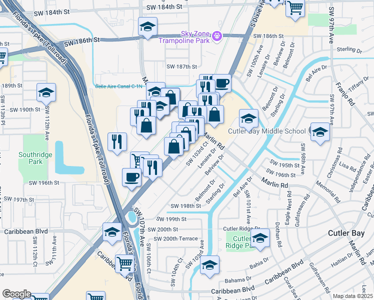 map of restaurants, bars, coffee shops, grocery stores, and more near 19455 South Dixie Highway in Cutler Bay