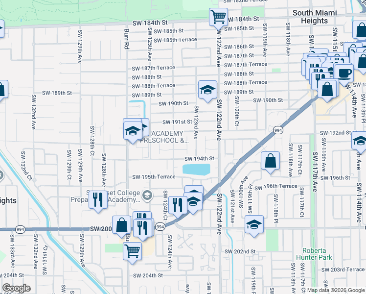 map of restaurants, bars, coffee shops, grocery stores, and more near 12360 Southwest 193rd Street in Miami