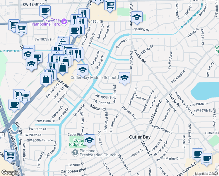 map of restaurants, bars, coffee shops, grocery stores, and more near 9850 Southwest 194th Street in Cutler Bay