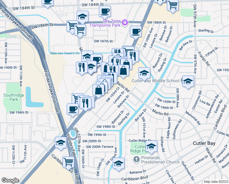 map of restaurants, bars, coffee shops, grocery stores, and more near 19403 Southwest 103rd Court in Cutler Bay