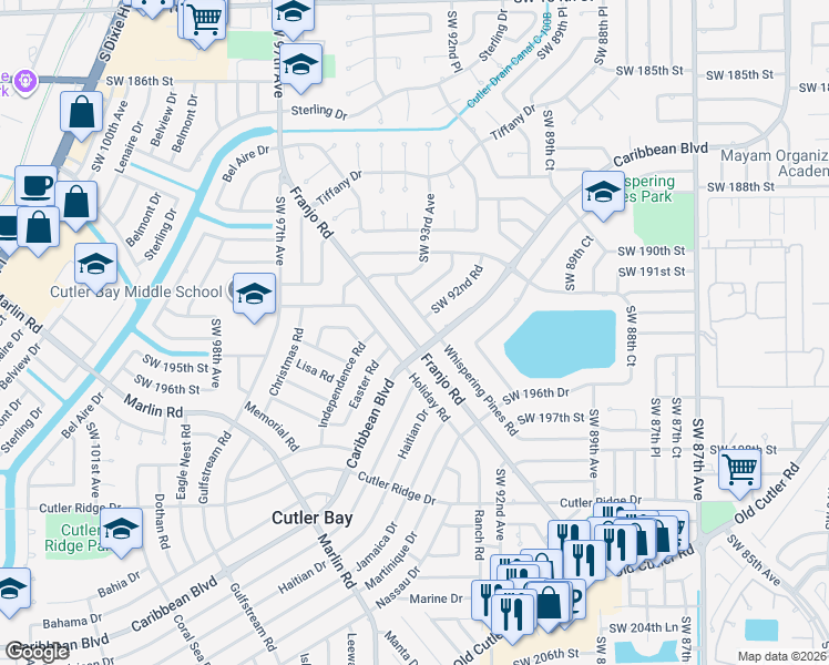 map of restaurants, bars, coffee shops, grocery stores, and more near 19335 Franjo Road in Cutler Bay
