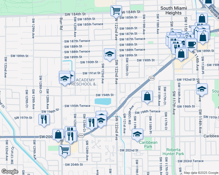 map of restaurants, bars, coffee shops, grocery stores, and more near 12216 Southwest 193rd Street in Miami