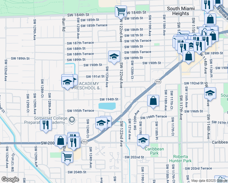 map of restaurants, bars, coffee shops, grocery stores, and more near 12216 Southwest 193rd Street in Miami