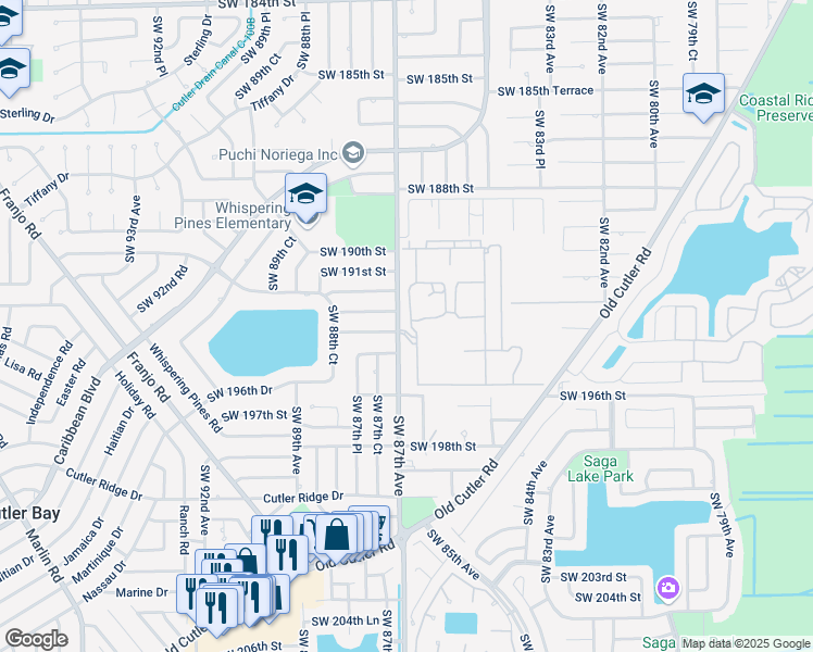 map of restaurants, bars, coffee shops, grocery stores, and more near 19351 Southwest 87th Avenue in Cutler Bay