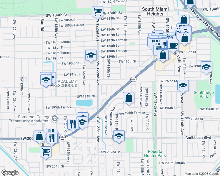 map of restaurants, bars, coffee shops, grocery stores, and more near 19336 Southwest 119th Place in Miami