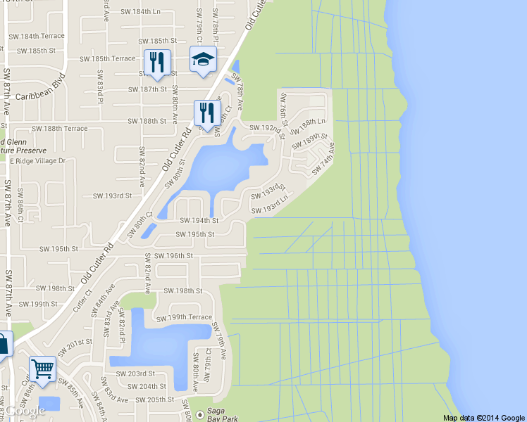 map of restaurants, bars, coffee shops, grocery stores, and more near 7755 Southwest 193rd Lane in Miami