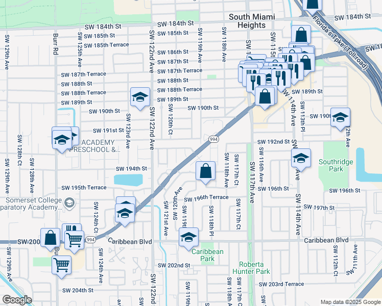 map of restaurants, bars, coffee shops, grocery stores, and more near 19323 Southwest 119th Court in Miami
