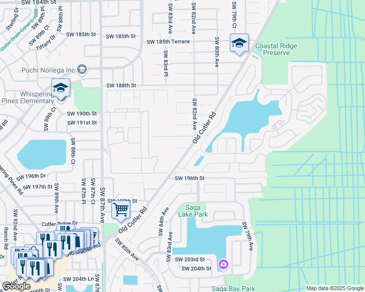 map of restaurants, bars, coffee shops, grocery stores, and more near 19500 Old Cutler Road in Cutler Bay