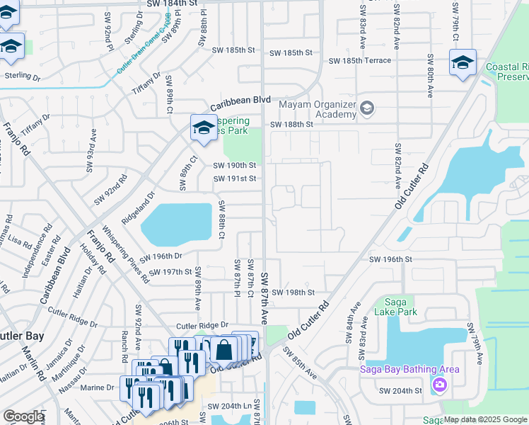 map of restaurants, bars, coffee shops, grocery stores, and more near 8710 Southwest 193rd Terrace in Cutler Bay