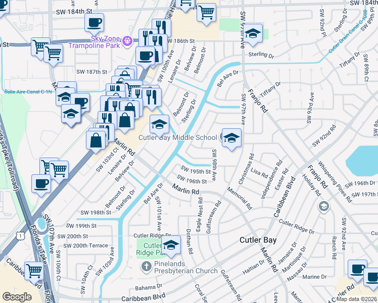 map of restaurants, bars, coffee shops, grocery stores, and more near 9850 Southwest 194th Street in Cutler Bay