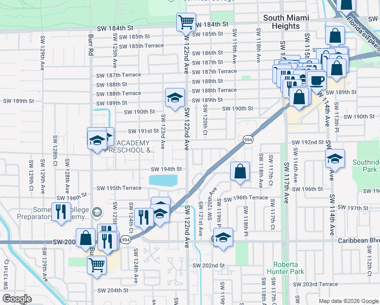 map of restaurants, bars, coffee shops, grocery stores, and more near 19234 Southwest 121st Court in Miami