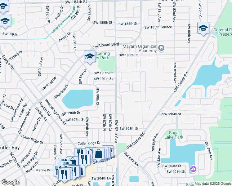 map of restaurants, bars, coffee shops, grocery stores, and more near 19301 Southwest 87th Avenue in Miami