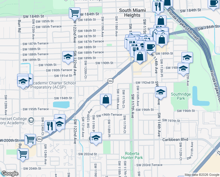 map of restaurants, bars, coffee shops, grocery stores, and more near 19350 Southwest 118th Court in Miami
