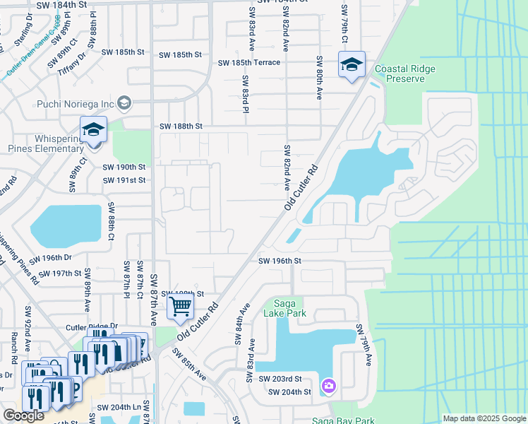 map of restaurants, bars, coffee shops, grocery stores, and more near 19500 Old Cutler Road in Cutler Bay