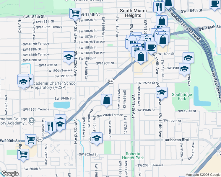 map of restaurants, bars, coffee shops, grocery stores, and more near 19350 Southwest 118th Court in Miami
