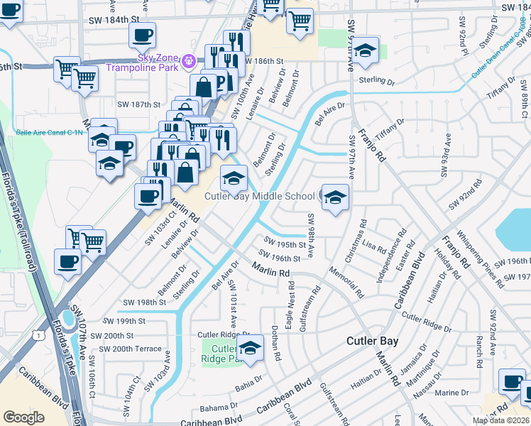 map of restaurants, bars, coffee shops, grocery stores, and more near 19251 Sterling Drive in Cutler Bay