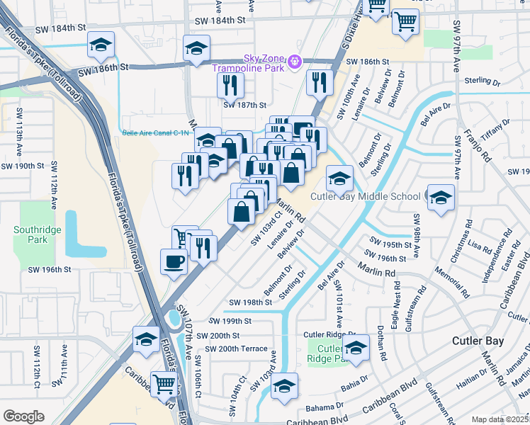 map of restaurants, bars, coffee shops, grocery stores, and more near in Cutler Bay