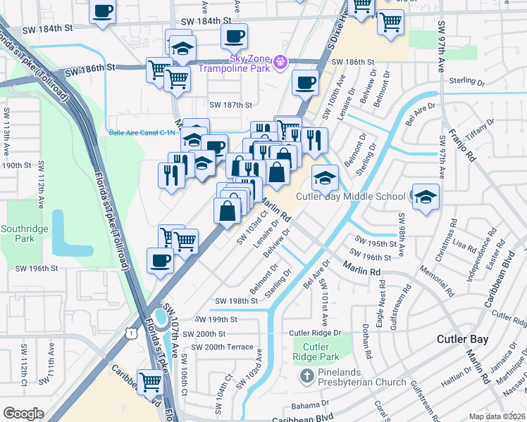 map of restaurants, bars, coffee shops, grocery stores, and more near in Cutler Bay