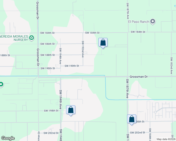 map of restaurants, bars, coffee shops, grocery stores, and more near 19050 Southwest 190th Street in Miami